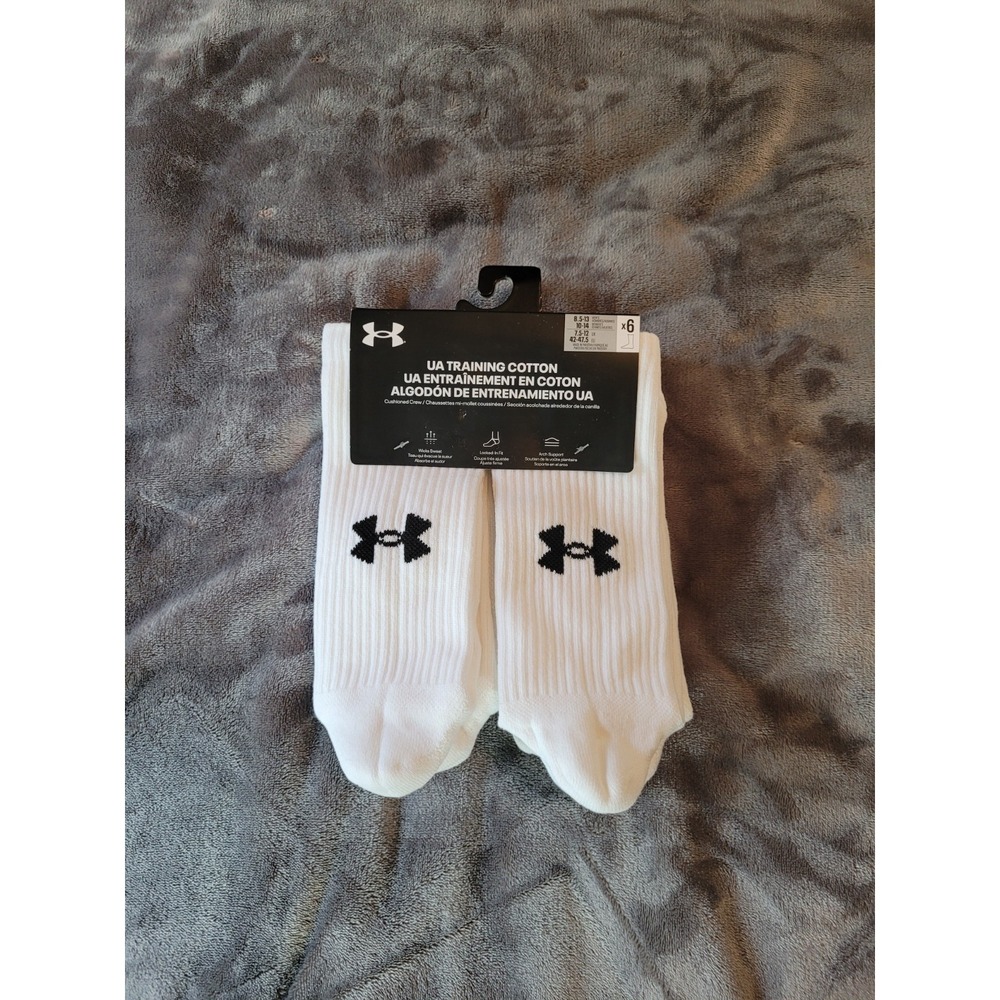 Under Armour 6 Pr Training Cotton Mens 8.5-13 Womens 10-14 Logo White Crew Socks
